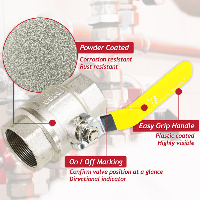 Gas Lever Ball Valve Full Bore PN40 Brass On Off Female x Female Yellow Handle Safety Isolator (2")