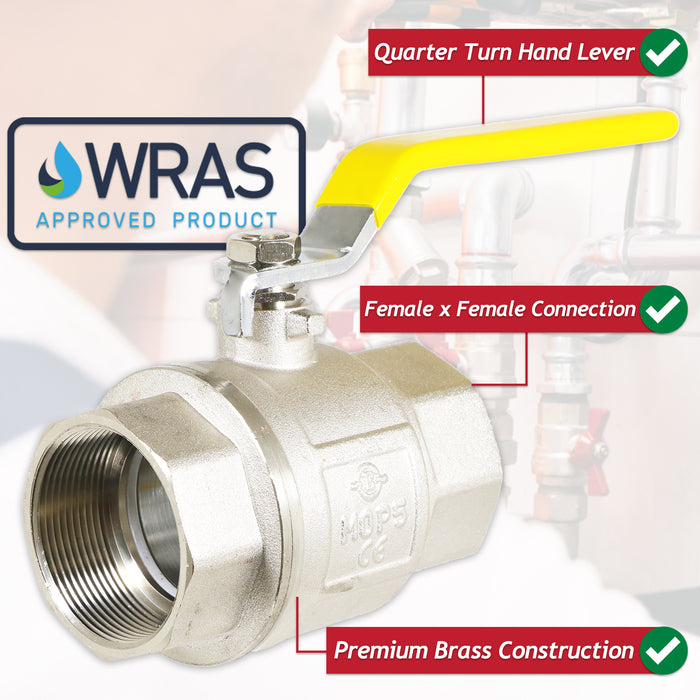 Gas Lever Ball Valve Full Bore PN40 Brass On Off Female x Female Yellow Handle Safety Isolator (2")