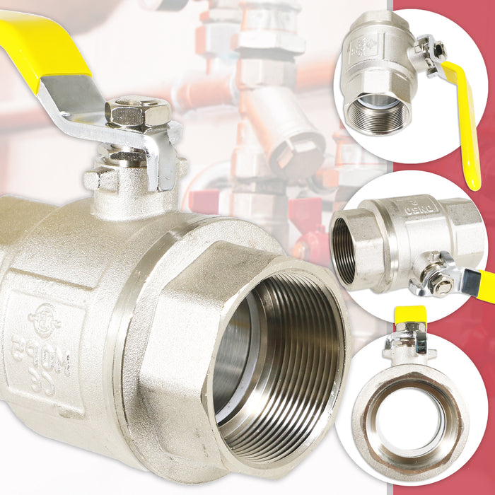 Gas Lever Ball Valve Full Bore PN40 Brass On Off Female x Female Yellow Handle Safety Isolator (2")