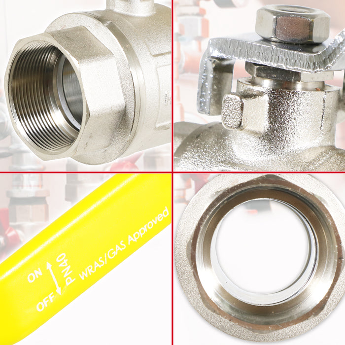 Gas Lever Ball Valve Full Bore PN40 Brass On Off Female x Female Yellow Handle Safety Isolator (2")