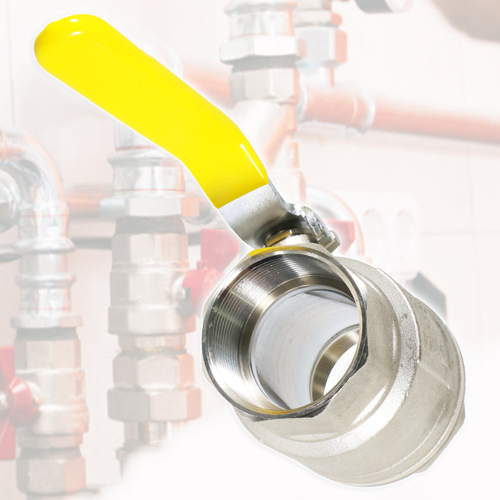 Gas Lever Ball Valve Full Bore PN40 Brass On Off Female x Female Yellow Handle Safety Isolator (2")