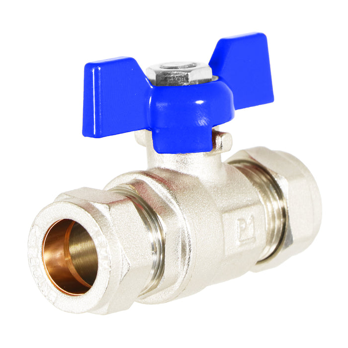 Butterfly Lever Compression Ball Valve Quarter Turn Water Isolation Stop Kit (15mm, Blue Handle)