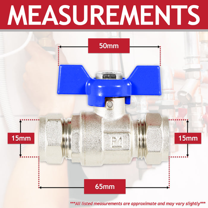 Butterfly Lever Compression Ball Valve Quarter Turn Water Isolation Stop Kit (15mm, Blue Handle)