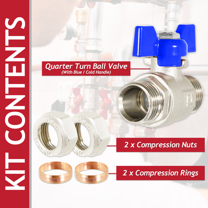 Butterfly Lever Compression Ball Valve Quarter Turn Water Isolation Stop Kit (15mm, Blue Handle)