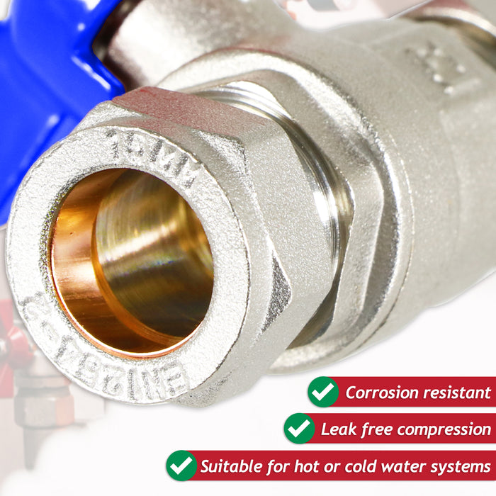 Butterfly Lever Compression Ball Valve Quarter Turn Water Isolation Stop Kit (15mm, Blue Handle)