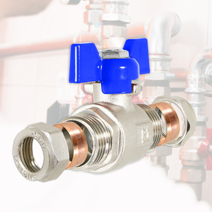 Butterfly Lever Compression Ball Valve Quarter Turn Water Isolation Stop Kit (15mm, Blue Handle)