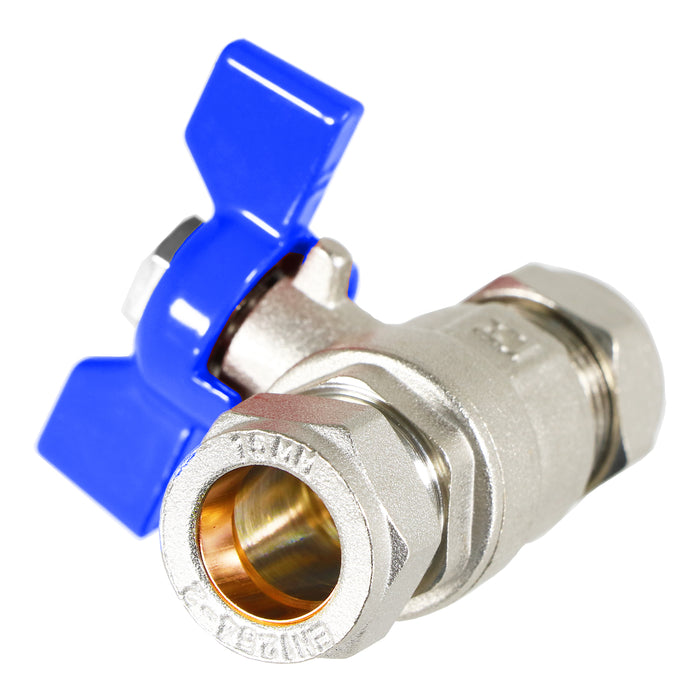 Butterfly Lever Compression Ball Valve Quarter Turn Water Isolation Stop Kit (15mm, Blue Handle)