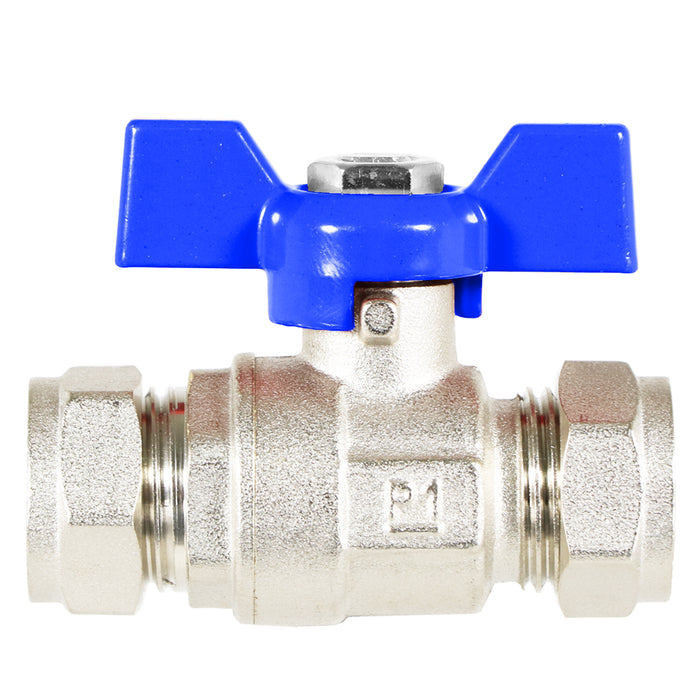 Butterfly Lever Compression Ball Valve Quarter Turn Water Isolation Stop Kit (15mm, Blue Handle)