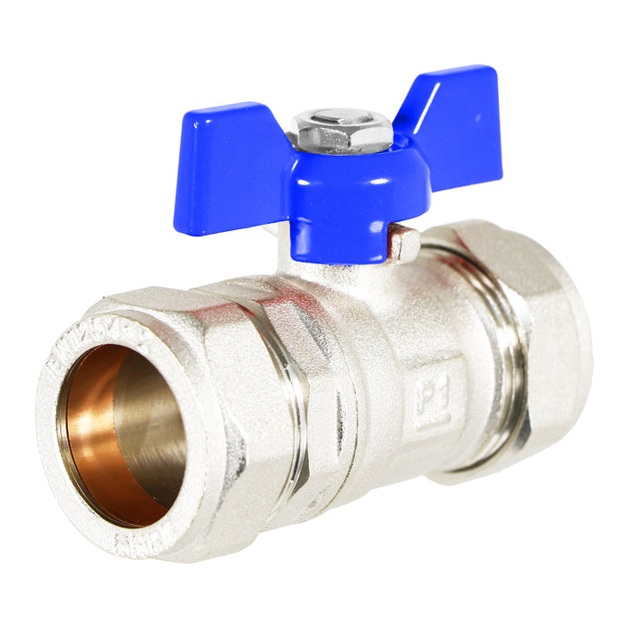 Butterfly Lever Compression Ball Valve Quarter Turn Water Isolation Stop Kit (22mm, Blue Handle)