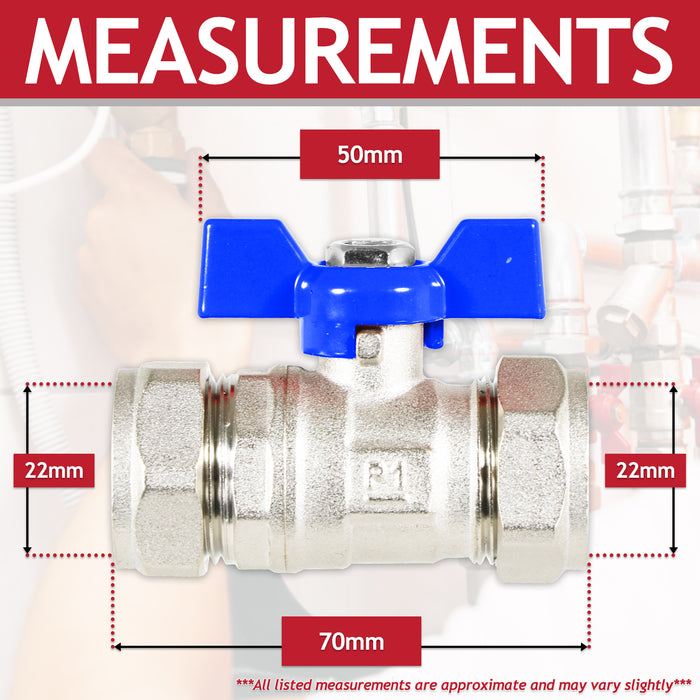 Butterfly Lever Compression Ball Valve Quarter Turn Water Isolation Stop Kit (22mm, Blue Handle)