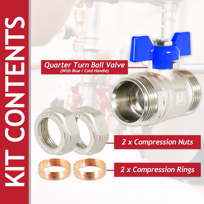 Butterfly Lever Compression Ball Valve Quarter Turn Water Isolation Stop Kit (22mm, Blue Handle)