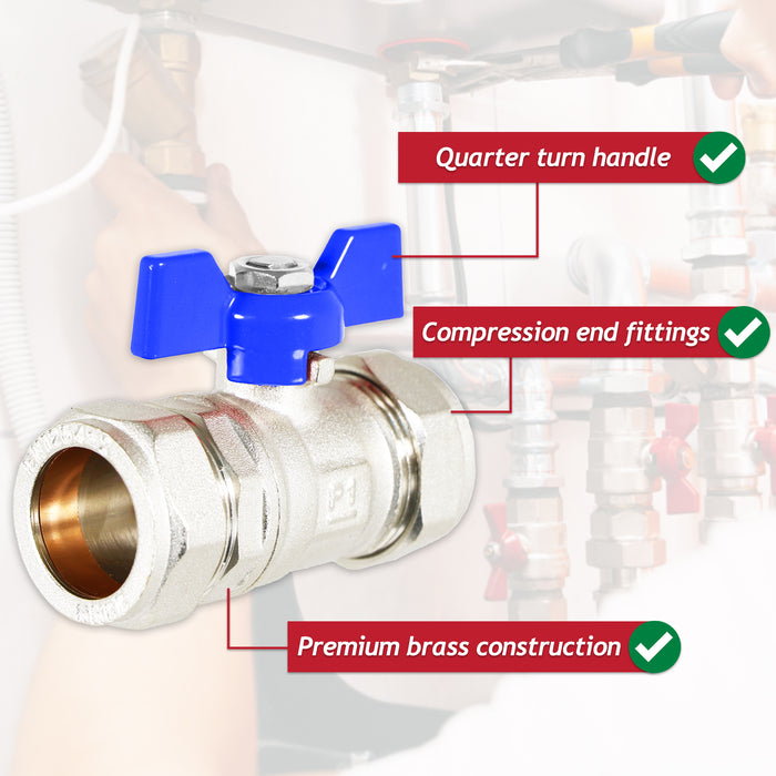 Butterfly Lever Compression Ball Valve Quarter Turn Water Isolation Stop Kit (22mm, Blue Handle)