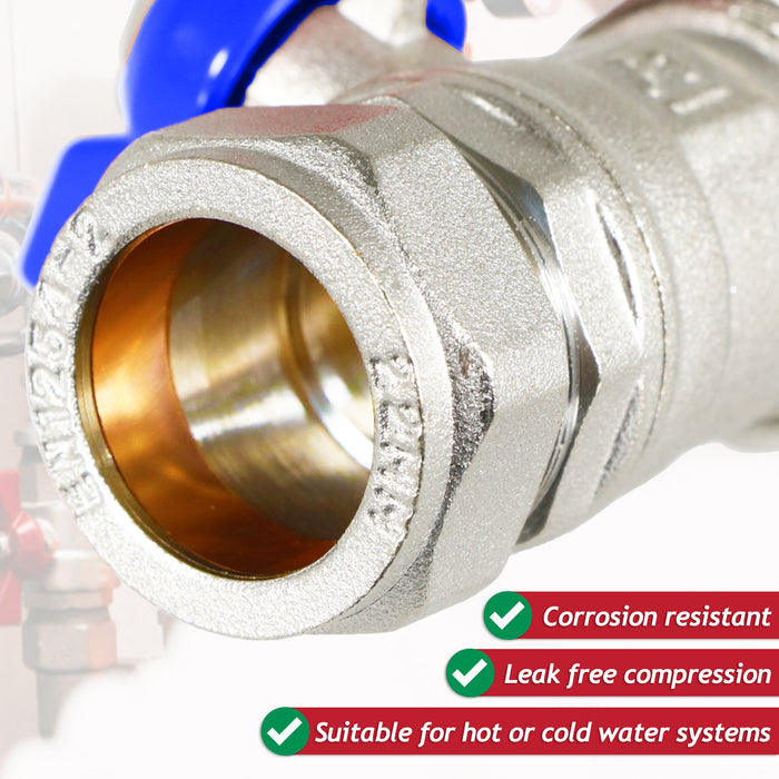 Butterfly Lever Compression Ball Valve Quarter Turn Water Isolation Stop Kit (22mm, Blue Handle)