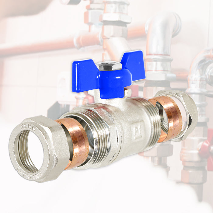Butterfly Lever Compression Ball Valve Quarter Turn Water Isolation Stop Kit (22mm, Blue Handle)