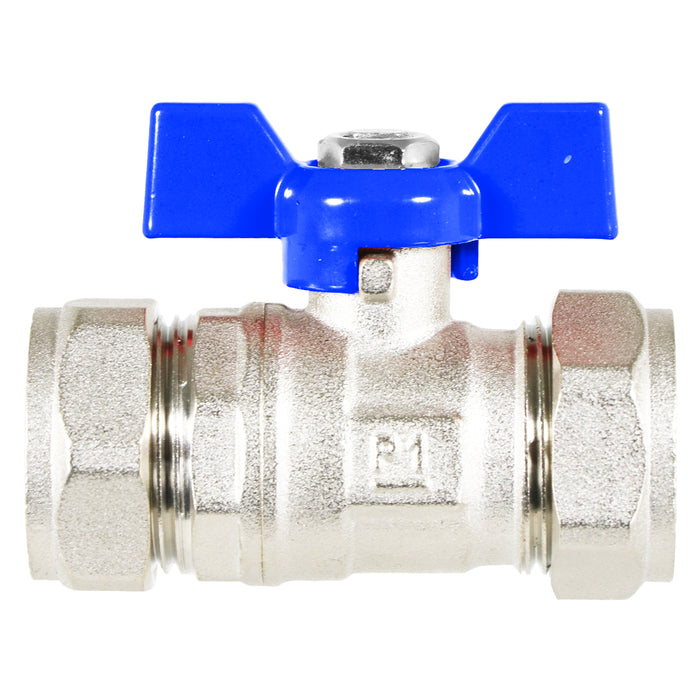 Butterfly Lever Compression Ball Valve Quarter Turn Water Isolation Stop Kit (22mm, Blue Handle)