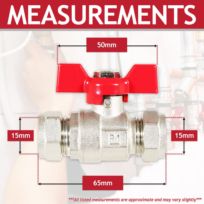 Butterfly Lever Compression Ball Valve Quarter Turn Water Isolation Stop Kit (15mm, Red Handle)