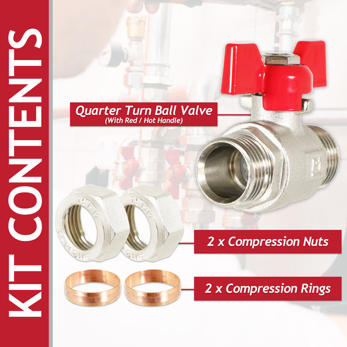 Butterfly Lever Compression Ball Valve Quarter Turn Water Isolation Stop Kit (15mm, Red Handle)