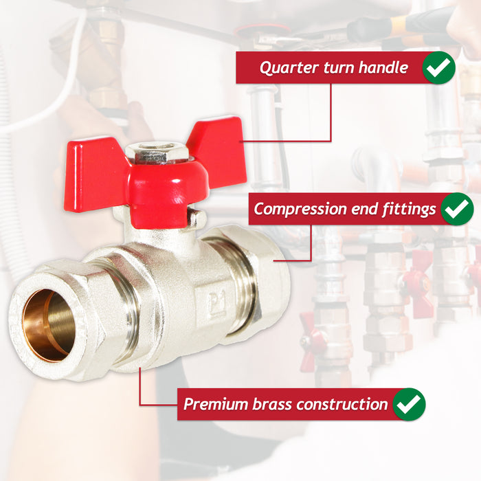 Butterfly Lever Compression Ball Valve Quarter Turn Water Isolation Stop Kit (15mm, Red Handle)
