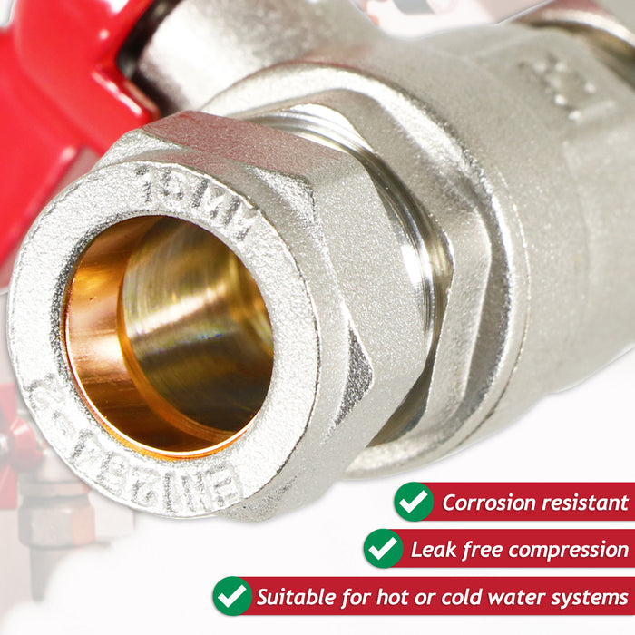 Butterfly Lever Compression Ball Valve Quarter Turn Water Isolation Stop Kit (15mm, Red Handle)