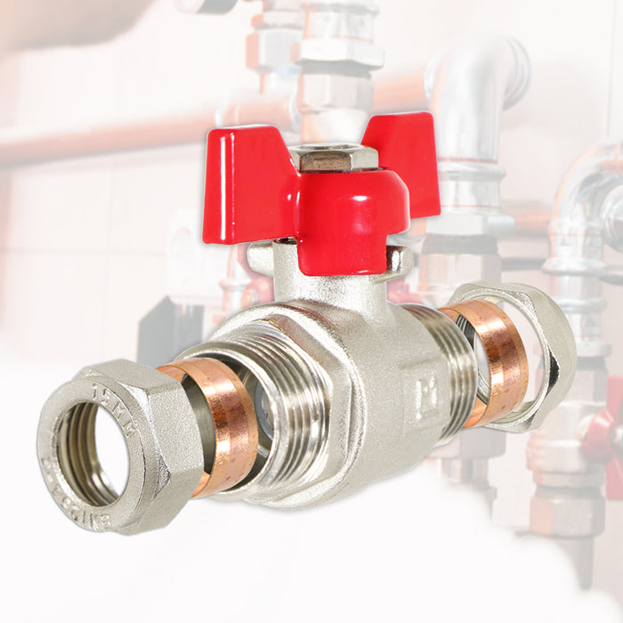 Butterfly Lever Compression Ball Valve Quarter Turn Water Isolation Stop Kit (15mm, Red Handle)