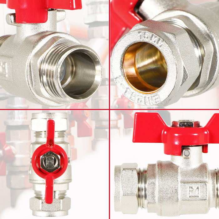 Butterfly Lever Compression Ball Valve Quarter Turn Water Isolation Stop Kit (15mm, Red Handle)