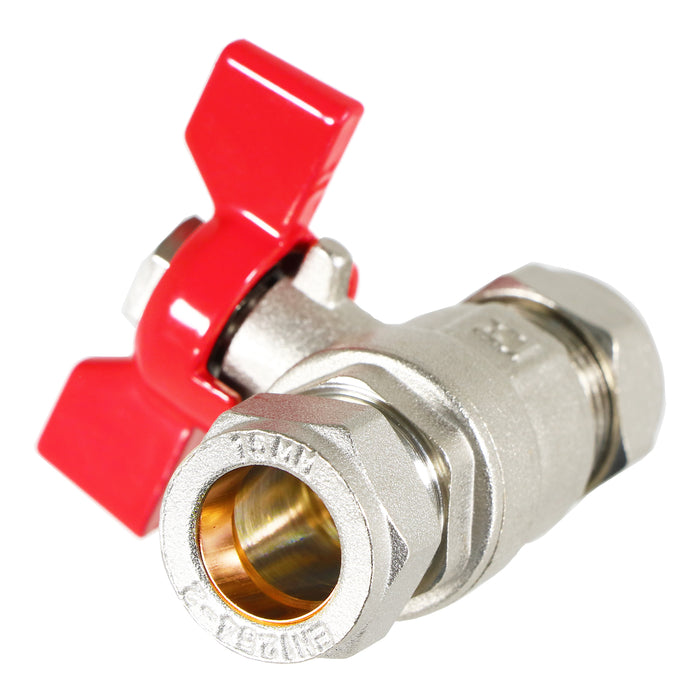 Butterfly Lever Compression Ball Valve Quarter Turn Water Isolation Stop Kit (15mm, Red Handle)