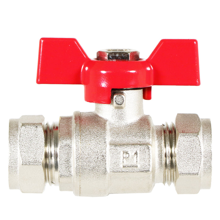 Butterfly Lever Compression Ball Valve Quarter Turn Water Isolation Stop Kit (15mm, Red Handle)
