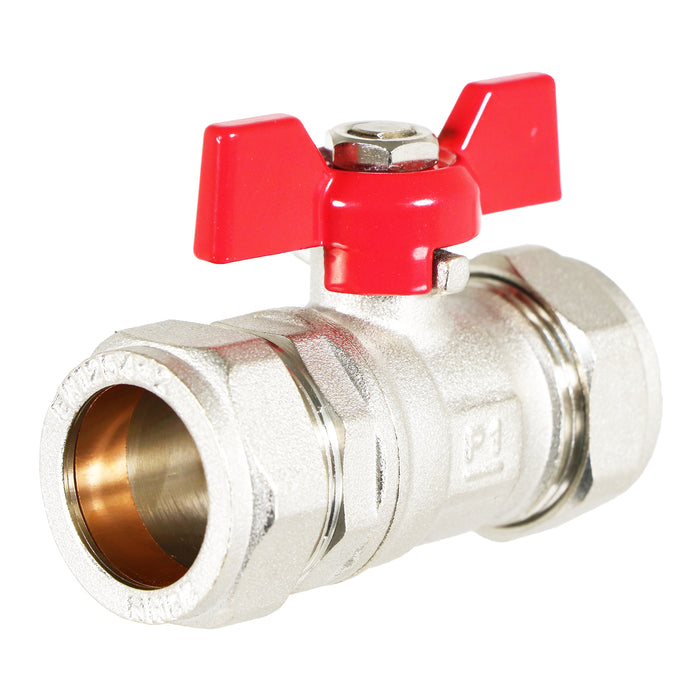 Butterfly Lever Compression Ball Valve Quarter Turn Water Isolation Stop Kit (22mm, Red Handle)