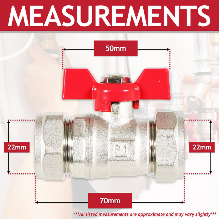 Butterfly Lever Compression Ball Valve Quarter Turn Water Isolation Stop Kit (22mm, Red Handle)