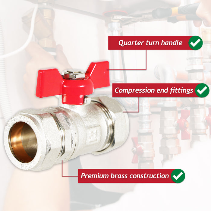 Butterfly Lever Compression Ball Valve Quarter Turn Water Isolation Stop Kit (22mm, Red Handle)