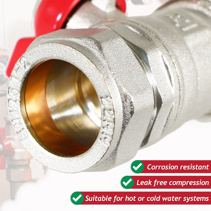 Butterfly Lever Compression Ball Valve Quarter Turn Water Isolation Stop Kit (22mm, Red Handle)