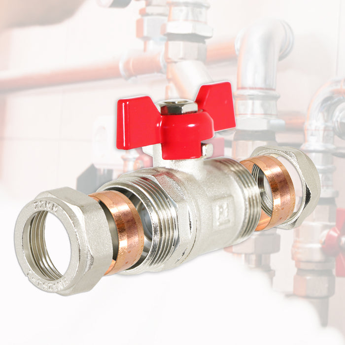 Butterfly Lever Compression Ball Valve Quarter Turn Water Isolation Stop Kit (22mm, Red Handle)