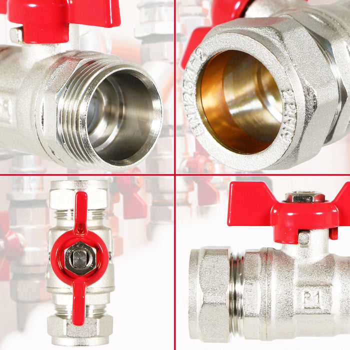 Butterfly Lever Compression Ball Valve Quarter Turn Water Isolation Stop Kit (22mm, Red Handle)