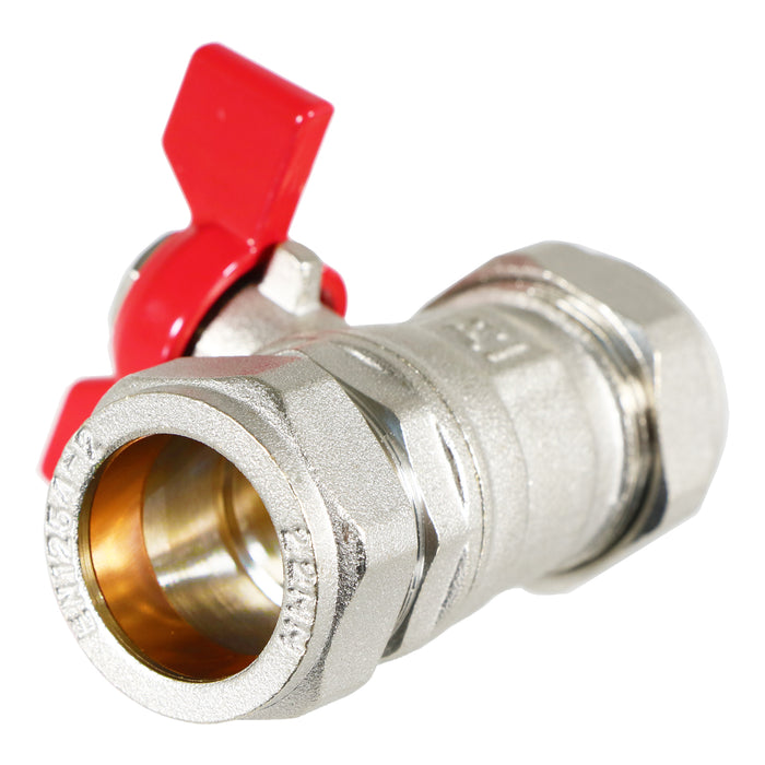 Butterfly Lever Compression Ball Valve Quarter Turn Water Isolation Stop Kit (22mm, Red Handle)