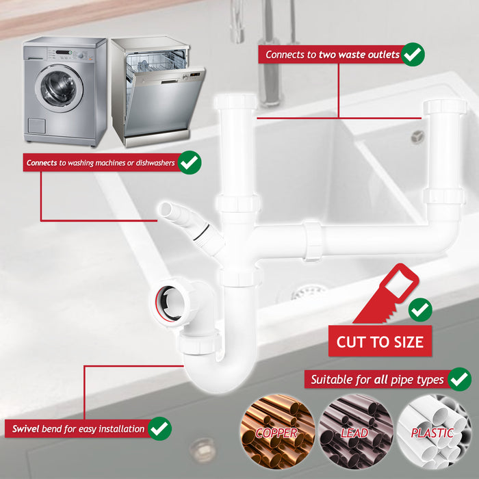 Double Bowl Sink Waste Kitchen Washing Machine Dishwasher P Trap Kit (40mm / 1.5" / 1½")