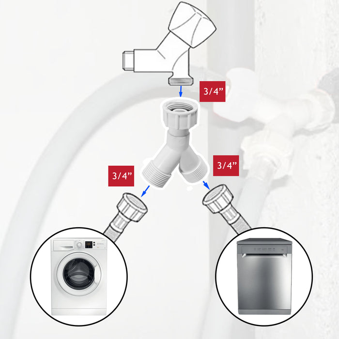 Y Piece Hose Connector Washing Machine Dishwasher 3/4 Inch BSP Inlet Splitter