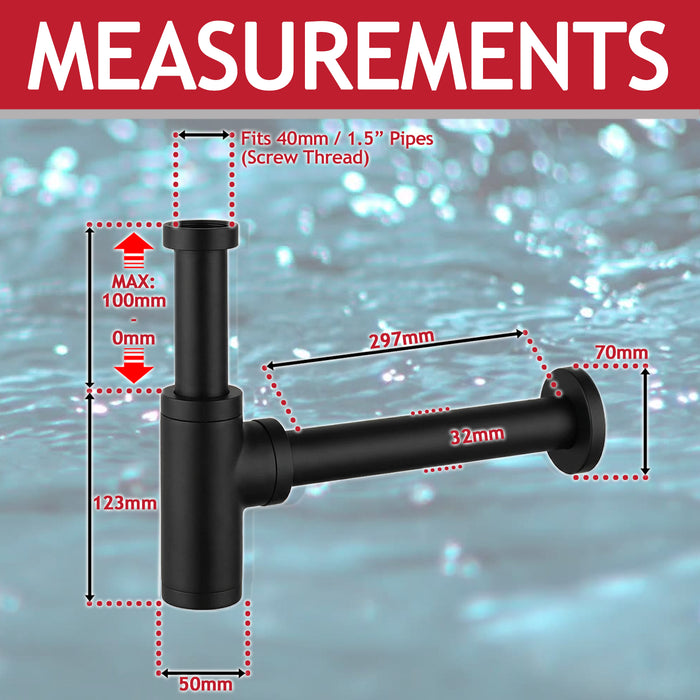 Bottle Sink Basin Trap 40mm / 1.5" Luxury Round Deodorant Waste Pipe Outlet (Matt Black)