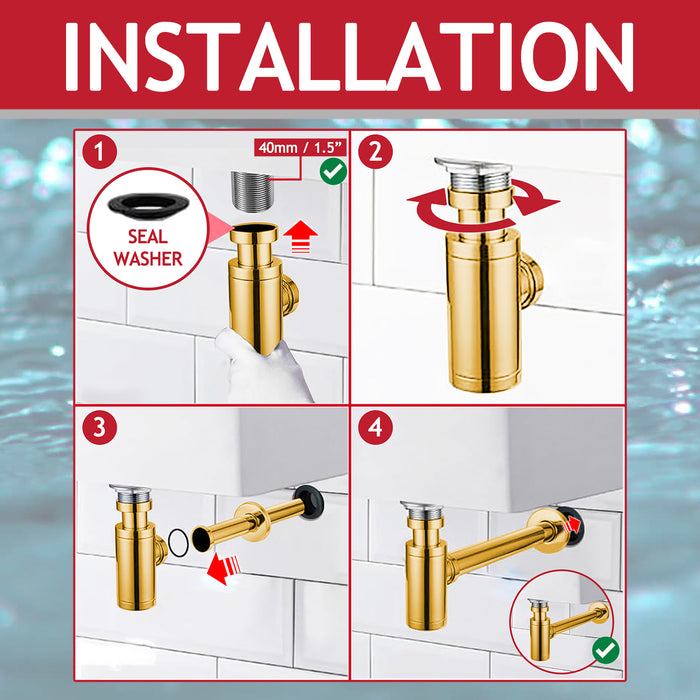 Bottle Sink Basin Trap 40mm / 1.5" Luxury Round Deodorant Waste Pipe Outlet (Gold)