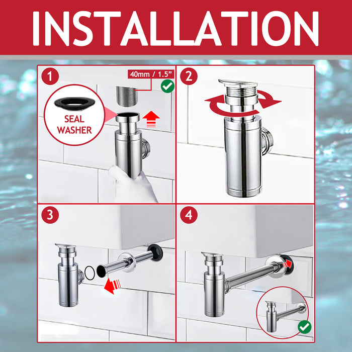 Bottle Sink Basin Trap 40mm / 1.5" Luxury Round Deodorant Waste Pipe Outlet (Chrome Silver)