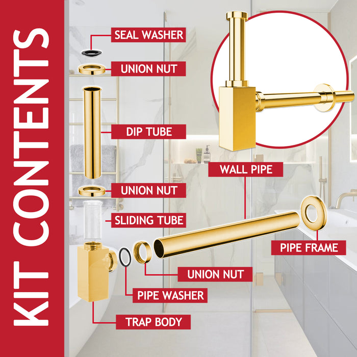 Square Bottle Sink Basin Trap 40mm / 1.5" Luxury Brass Adjustable Deodorant Waste Pipe Outlet (Gold)