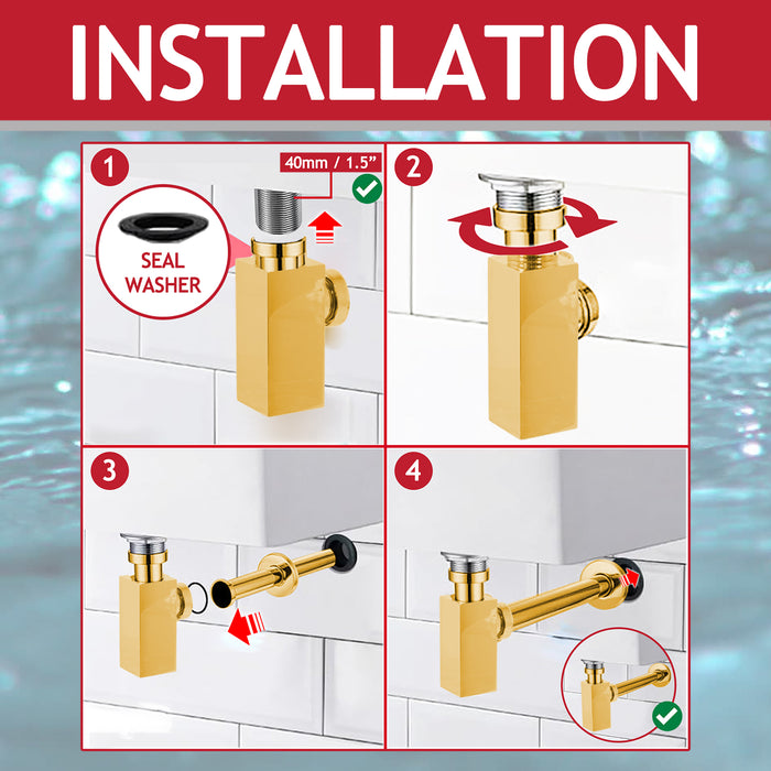 Square Bottle Sink Basin Trap 40mm / 1.5" Luxury Brass Adjustable Deodorant Waste Pipe Outlet (Gold)