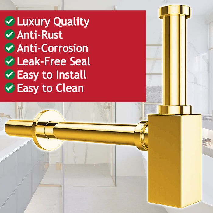 Square Bottle Sink Basin Trap 40mm / 1.5" Luxury Brass Adjustable Deodorant Waste Pipe Outlet (Gold)