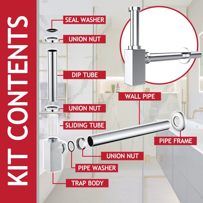 Square Bottle Sink Basin Trap 40mm / 1.5" Luxury Brass Adjustable Deodorant Waste Pipe Outlet (Chrome Silver)