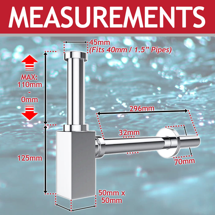Square Bottle Sink Basin Trap 40mm / 1.5" Luxury Brass Adjustable Deodorant Waste Pipe Outlet (Chrome Silver)