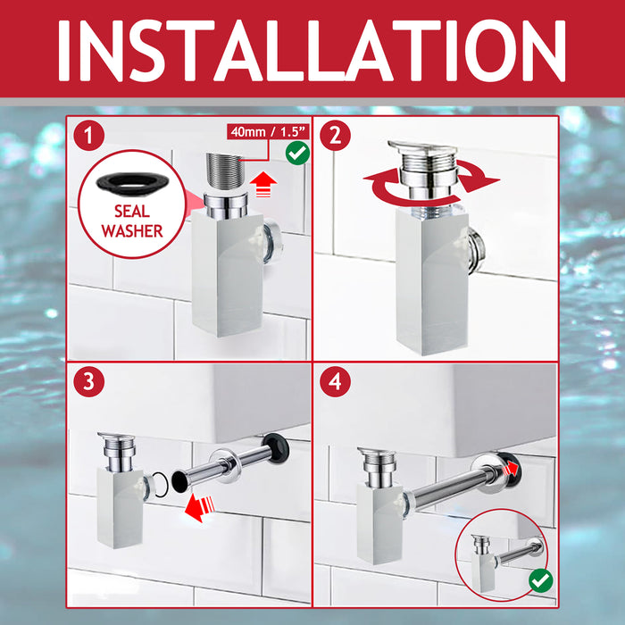 Square Bottle Sink Basin Trap 40mm / 1.5" Luxury Brass Adjustable Deodorant Waste Pipe Outlet (Chrome Silver)