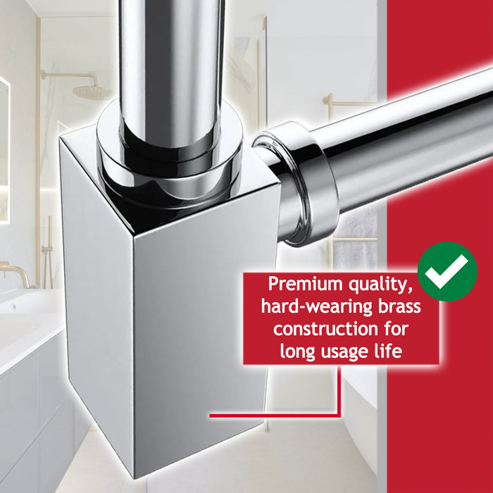 Square Bottle Sink Basin Trap 40mm / 1.5" Luxury Brass Adjustable Deodorant Waste Pipe Outlet (Chrome Silver)