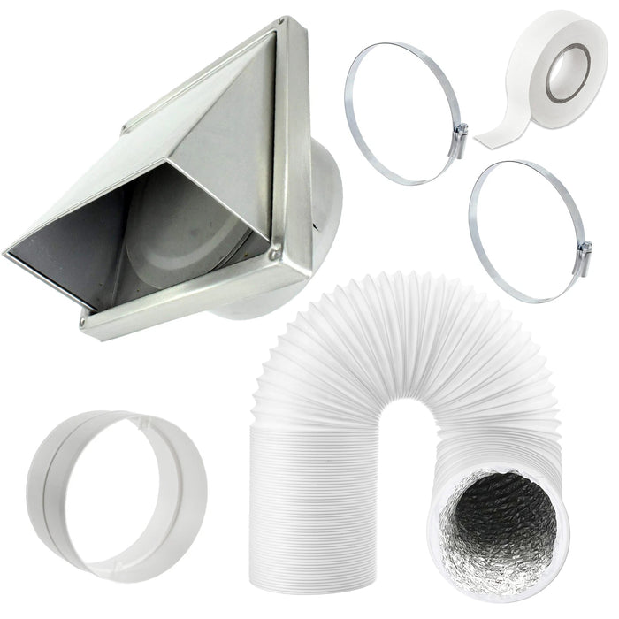 Universal Cowled Exterior Wall Outlet Kit & Extension Hose for Vented Tumble Dryer (5" x 3m, Stainless Steel)