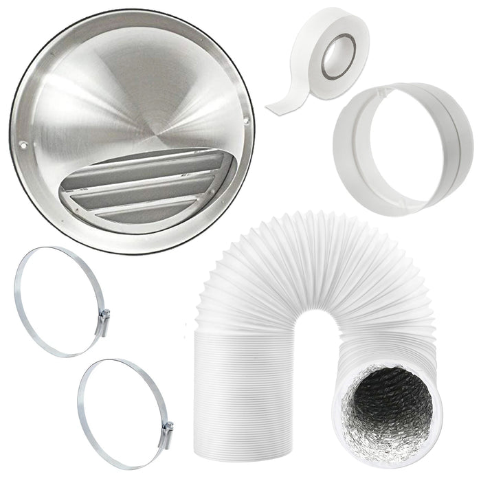 UNIVERSAL Bull Nose Wall Outlet Kit & Extension Hose for Vented Tumble Dryer Air Conditioning Cooker Hood (5" x 3m, Stainless Steel)