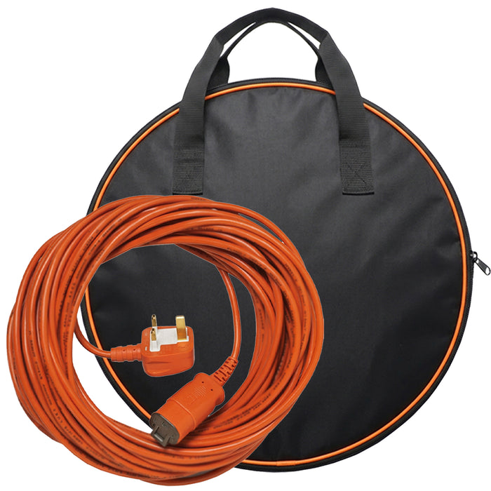 Cable for Flymo Lawnmower Hedge Trimmer Metre Lead Plug (Orange, 15m) + Storage Bag