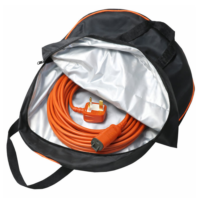 Cable for Flymo Lawnmower Hedge Trimmer Metre Lead Plug (Orange, 15m) + Storage Bag